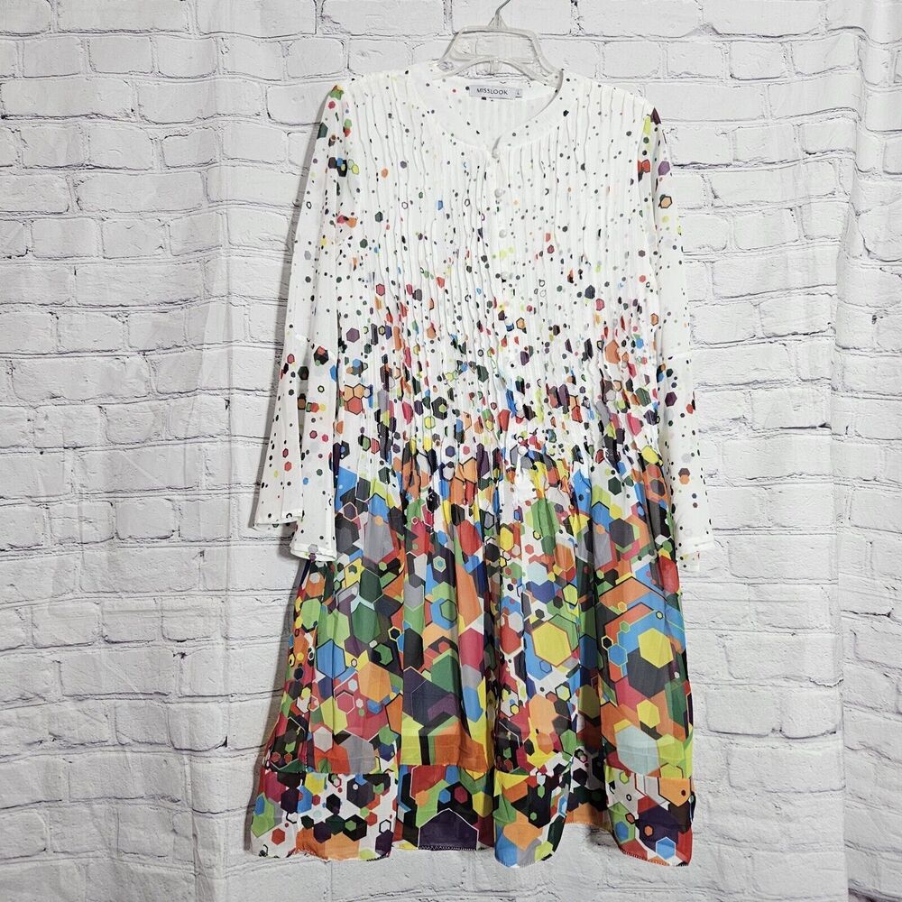 MISSLOOK Dress Large Fit Flare Rainbow Shapes White Long Sleeve